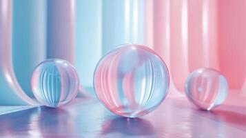 Three large, clear spheres, each with a different color. The spheres are arranged in a row, with one on the left, one in the middle, and one on the right. The colors of the spheres are pink, blue photo