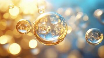 Close up of a bubble with a yellowish tint. The bubbles are floating in the air and are surrounded by a blurry background. Concept of playfulness and lightheartedness photo