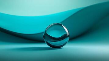 Clear glass ball sits on a blue background. The ball is the main focus of the image, and it is floating in midair. The blue background adds a sense of calmness and tranquility to the scene photo