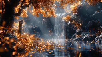 Serene and peaceful forest scene with a waterfall and a tree with leaves falling. The water in the river is calm and clear, reflecting the surrounding trees and rocks photo