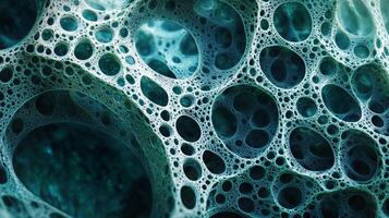 The image is a close up of a blue and white object with many small holes. The holes are scattered throughout the object, creating a sense of depth and texture. Scene is one of curiosity and wonder photo