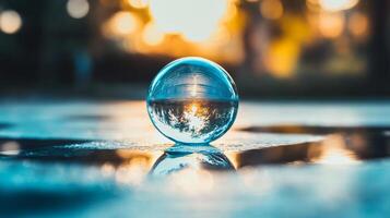 Clear glass ball is sitting on a wet surface. The reflection of the sun on the water creates a beautiful and serene atmosphere photo