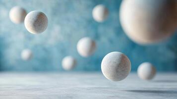 Group of white spheres floating in the air, creating a sense of motion and energy. The spheres are scattered throughout the scene, with some closer to the foreground photo