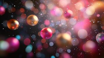 Colorful image of many small, shiny, and glittery Christmas ornaments. The image is full of bright colors and has a festive, joyful mood photo
