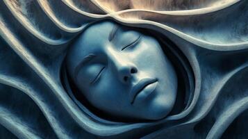 Woman's face is shown in a blue and white color scheme. The woman is sleeping and her face is resting on a blanket. The image has a dreamy and peaceful mood photo