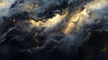 Dark, stormy ocean with a few specks of gold. The mood of the painting is intense and dramatic, with the waves crashing against the shore and the sky filled with dark clouds photo