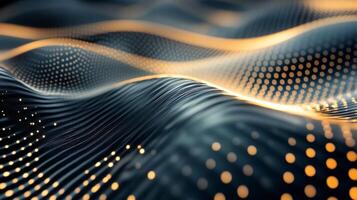 Wave of light and dark blue with yellow dots. The image is abstract and has a futuristic feel to it photo