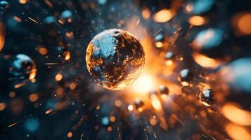 Bright orange ball is surrounded by many other balls, some of which are also orange. The scene is chaotic and energetic, with the balls seemingly bouncing and colliding with each other photo