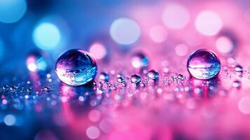Close up of two small water droplets on a pink surface. The droplets are surrounded by a blurry background, giving the image a dreamy, ethereal quality photo