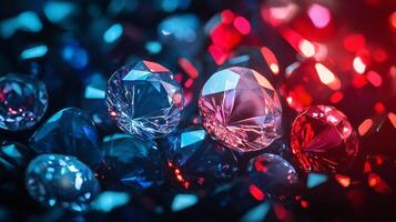 Close up of a bunch of diamonds in various colors. The image has a vibrant and lively feel to it, with the bright colors of the diamonds contrasting against the dark background photo