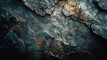 Rocky surface with a few specks of gold. The image is a close up of a rock with a few specks of gold photo