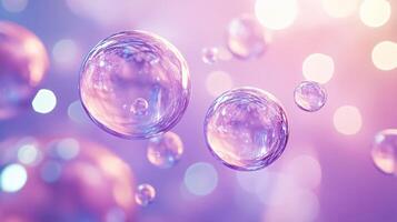 Series of small, clear, and colorful bubbles floating in the air. The bubbles are scattered throughout the scene, with some closer to the foreground and others further in the background photo