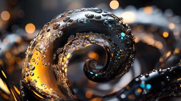 Spiral shape with water droplets on it. The water droplets are in different sizes and are scattered throughout the spiral. The spiral is dark and has a metallic appearance photo