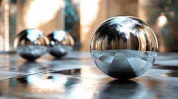 Silver ball is sitting on a black and white checkered floor. The reflection of the ball in the water creates a sense of depth and movement photo