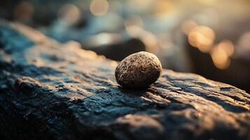 Small rock is sitting on a wooden log. The rock is surrounded by a dark background, and the light shining on it creates a sense of calm and serenity photo