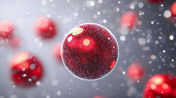 Red ball with a lot of snow around it. The snow is falling and the ball is surrounded by it photo