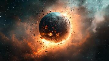 Large planet is shown in a fiery explosion, with debris scattered throughout the scene. Concept of destruction and chaos, as the planet's surface is torn apart by the impact photo