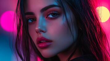 Woman with long hair and a pink lip is standing in front of a blurry background. The image has a dreamy, ethereal quality to it, with the pink lip and long hair creating a sense of softness photo