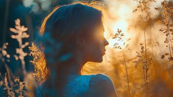 Woman is standing in a field of tall grass with the sun shining on her face. The image has a serene and peaceful mood, as the woman is enjoying the beauty of nature photo