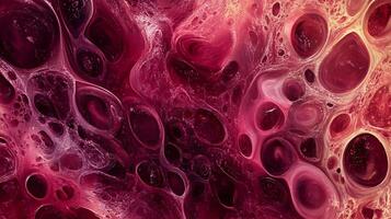 Close up of a red and yellow blob with a lot of holes in it. The blob is very abstract and has a lot of texture photo