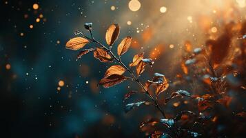 Leafy branch with a blue background and a lot of sparkles. The sparkles are coming from the leaves and the background photo