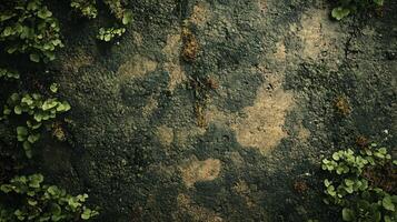 Wall with green plants growing on it. The wall is covered in moss and has a rough texture photo