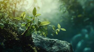 Small plant is growing on a rock in a forest. The plant is surrounded by moss and he is thriving in the damp environment. Concept of growth and resilience, as the plant is able to survive photo