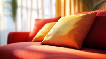Red couch with two pillows, one yellow and one orange, is sitting in a room with a window. The pillows are arranged in a way that they are facing the window, allowing the sunlight to shine on them photo