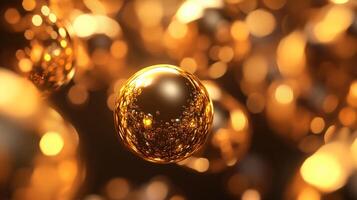 Close up of a gold ball with a blurry background. The ball is surrounded by other gold balls, creating a sense of depth and movement. Scene is warm and inviting photo