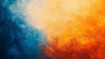 Painting of a blue and orange background with a yellow line. The painting is abstract and has a lot of texture photo