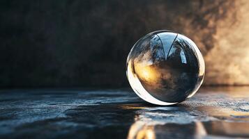 Large, clear, round ball is sitting on a wet surface. The reflection of the ball in the water creates a sense of depth and movement. The scene evokes a feeling of calmness and serenity photo