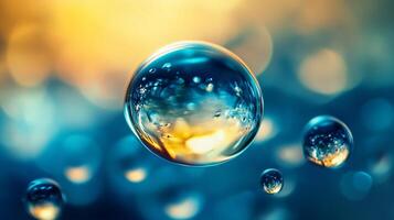 Close up of a blue and yellow water droplet. The droplet is surrounded by other droplets, creating a sense of depth and movement. Concept of fluidity and harmony photo