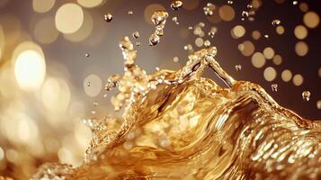Splash of water with a blurry background. The water is golden and the splash is large photo