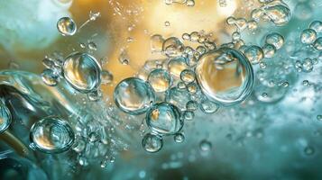 Close up of water droplets in a blue liquid. The droplets are small and clear, and they are scattered throughout the image photo