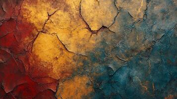 Colorful, textured wall with a blue and yellow section. The wall appears to be made of broken tiles and has a rough, uneven surface. The colors and textures create a sense of depth and movement photo