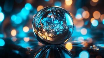 Shiny, reflective ball is sitting on a surface with a blue and orange background. The ball's reflection creates a sense of depth and movement, making the scene feel dynamic and lively photo