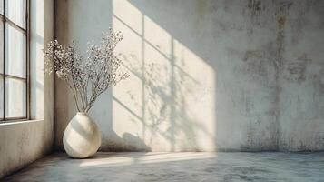White vase with flowers sits in a room with a large window. The room is empty and the vase is the only object in the space. The sunlight coming through the window casts a warm glow on the vase photo
