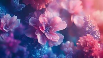 Close up of a bouquet of flowers with a blue background. The flowers are pink and purple and appear to be in a vase. Scene is serene and calming photo