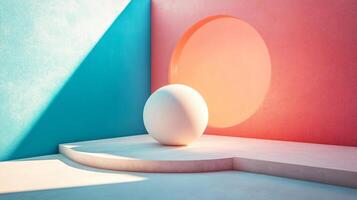 White ball is sitting on a platform in front of a pink wall. The scene is set in a room with a blue wall and a pink wall photo