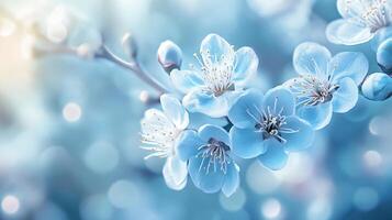 Blue flower with a white center is on a branch. The flower is surrounded by a blue background photo