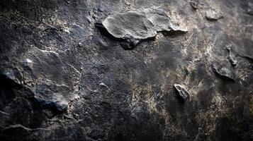 Close up of a rock with a lot of texture. The rock is black and grey and has a rough surface photo