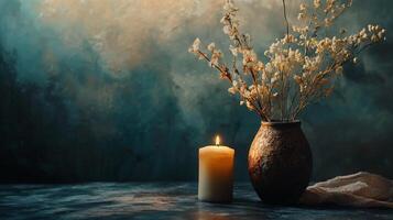 Candle is lit in a vase of flowers on a table. The candle is yellow and the flowers are white. The scene is calm and peaceful, with the candle providing a warm and inviting glow photo