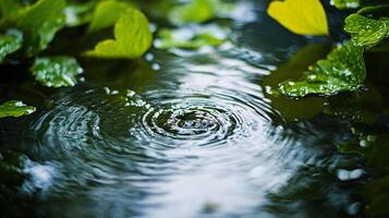 Small puddle of water with leaves floating on top. The water is calm and still, with the leaves creating ripples on the surface. The scene is peaceful and serene photo