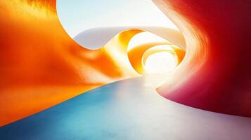 Long tunnel with orange and blue walls. The tunnel is empty and the walls are curved photo