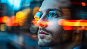 Man with a beard and glasses looking out of a window. The image has a blurry effect and the man's reflection is visible in the window photo