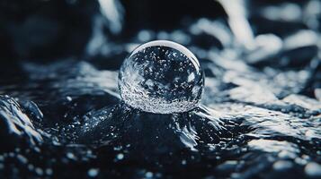 Clear, round, water droplet sits on the surface of a body of water. The droplet is surrounded by ripples and waves, creating a sense of movement and fluidity photo