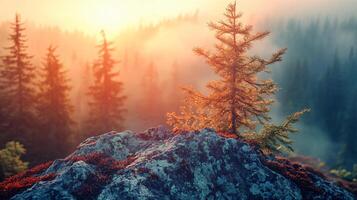 Tree is growing on a rocky hillside. The sun is setting behind the trees, casting a warm glow over the scene. The atmosphere is peaceful and serene, with the tree standing tall photo