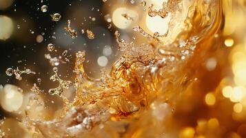 Splash of liquid with bubbles and a blurry background. Concept of motion and energy, as if the liquid is in the process of splashing and creating a dynamic scene photo