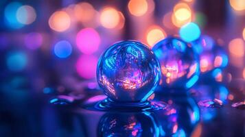 Blue ball is floating in a body of water. The water is reflecting the light from the surrounding area, creating a beautiful and serene atmosphere photo