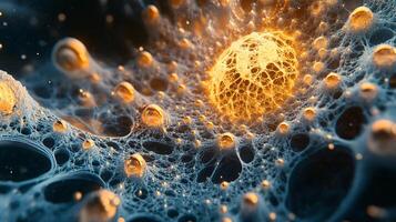 Colorful, abstract image of a bubble with a yellow center. The bubbles are scattered throughout the image, with some larger and some smaller. Scene is playful and whimsical, with the bright colors photo